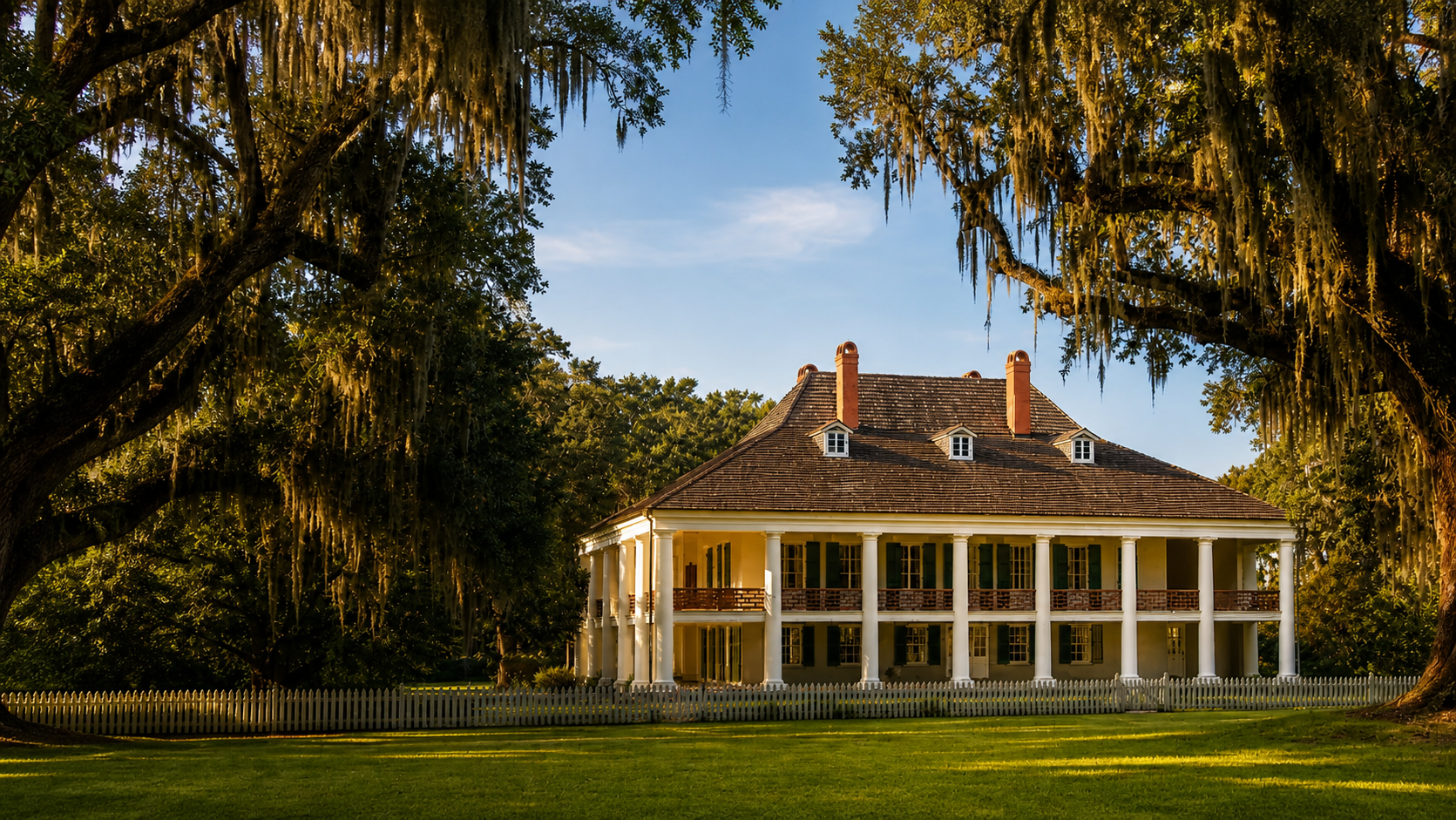 Destrehan Plantation framed by live oak trees