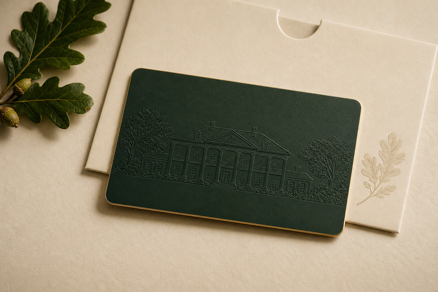 Physical Destrehan Plantation gift card with plantation-house artwork and paper sleeve