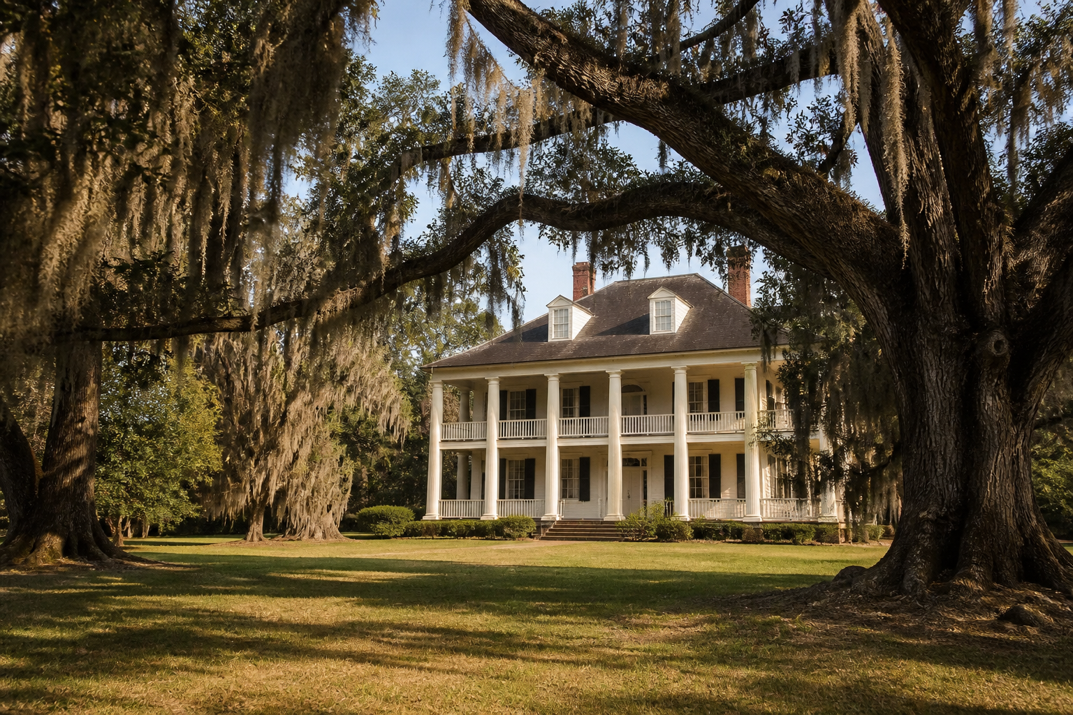 The main house seen through live oaks