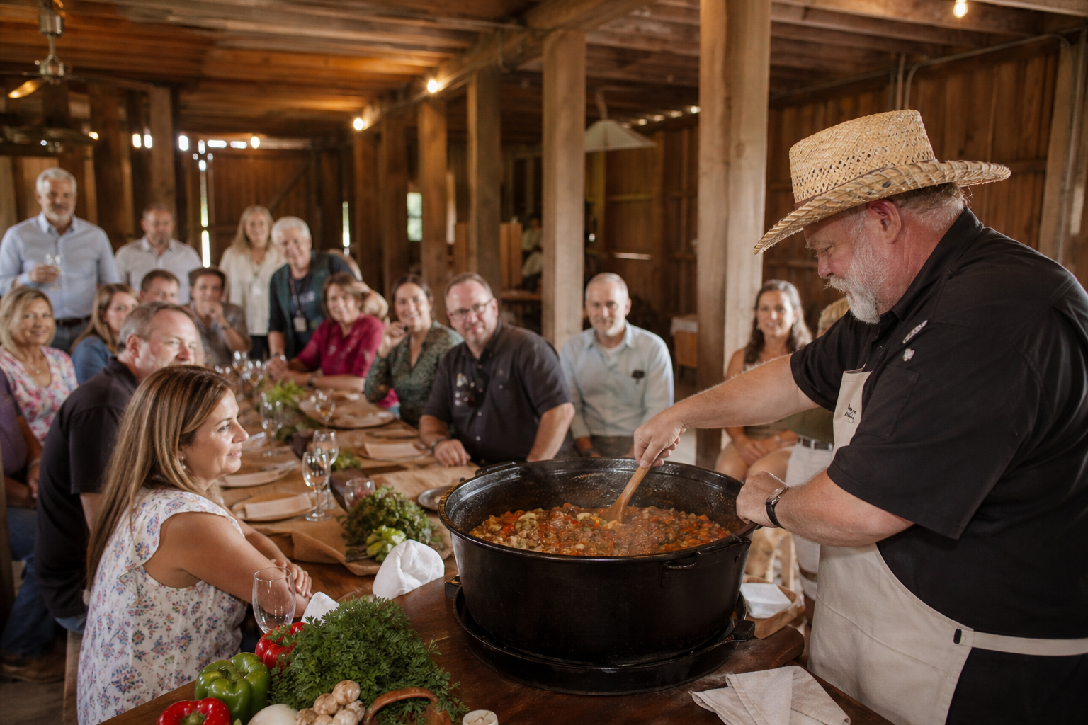 Guests watching a live Cajun cooking demonstration in the historic Mule Barn