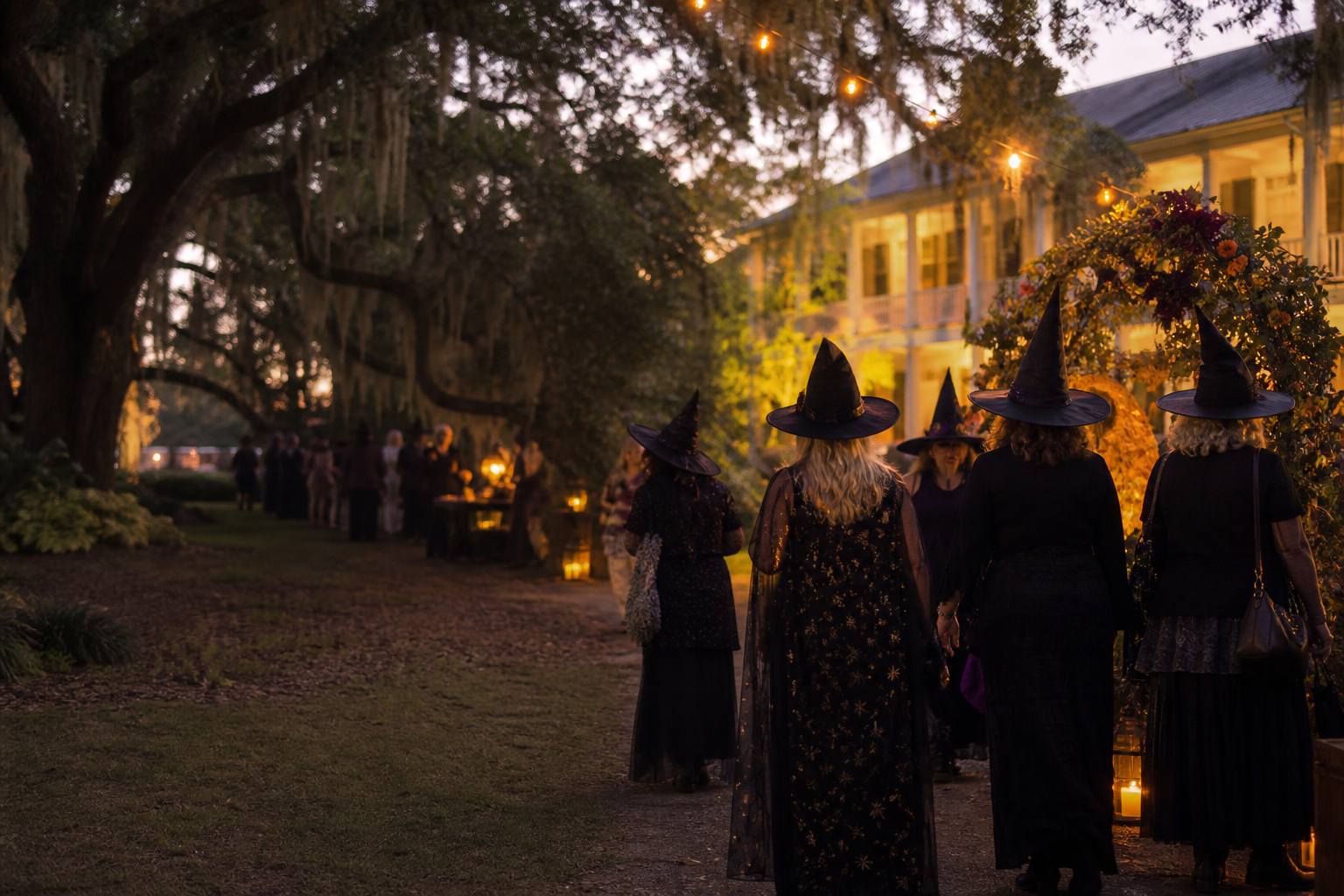 Guests in witch costumes gathering beneath live oaks at Destrehan Plantation