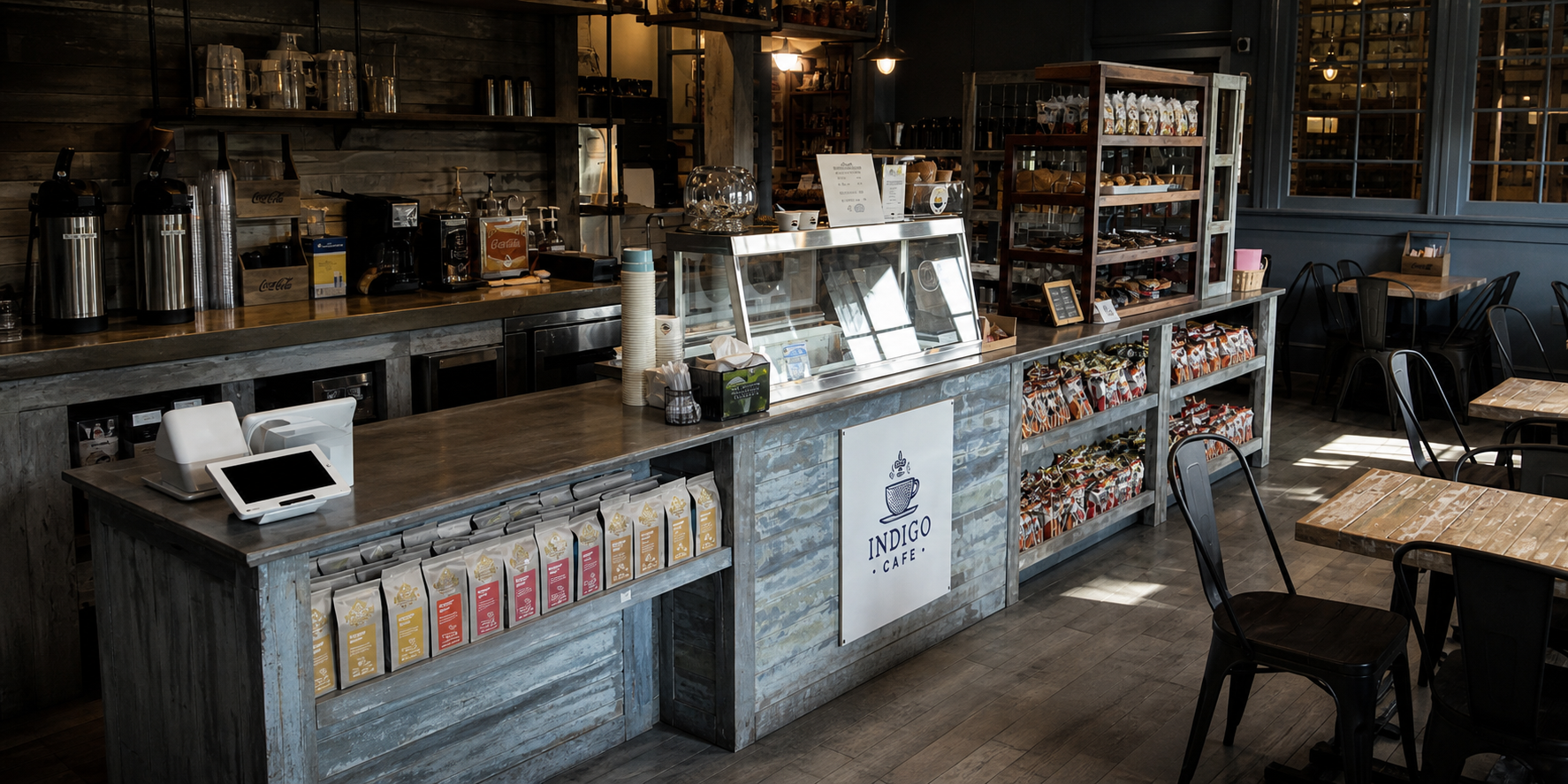 Indigo Cafe counter, display case, and seating area