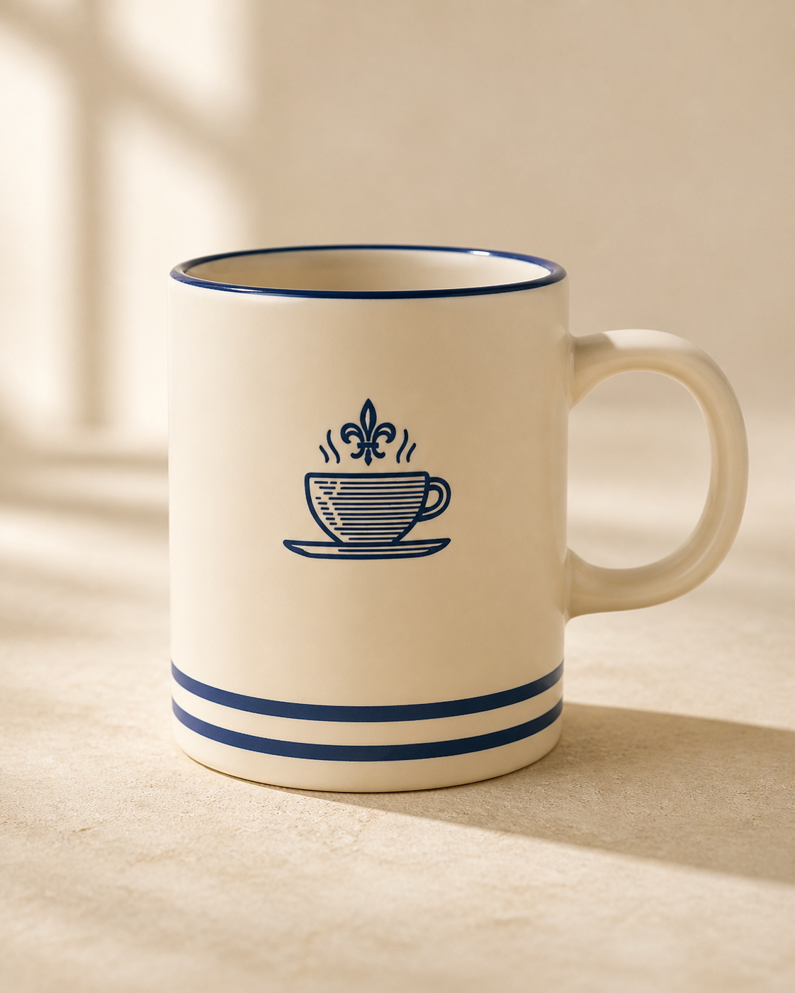 Cream Indigo Cafe mug with navy cup emblem