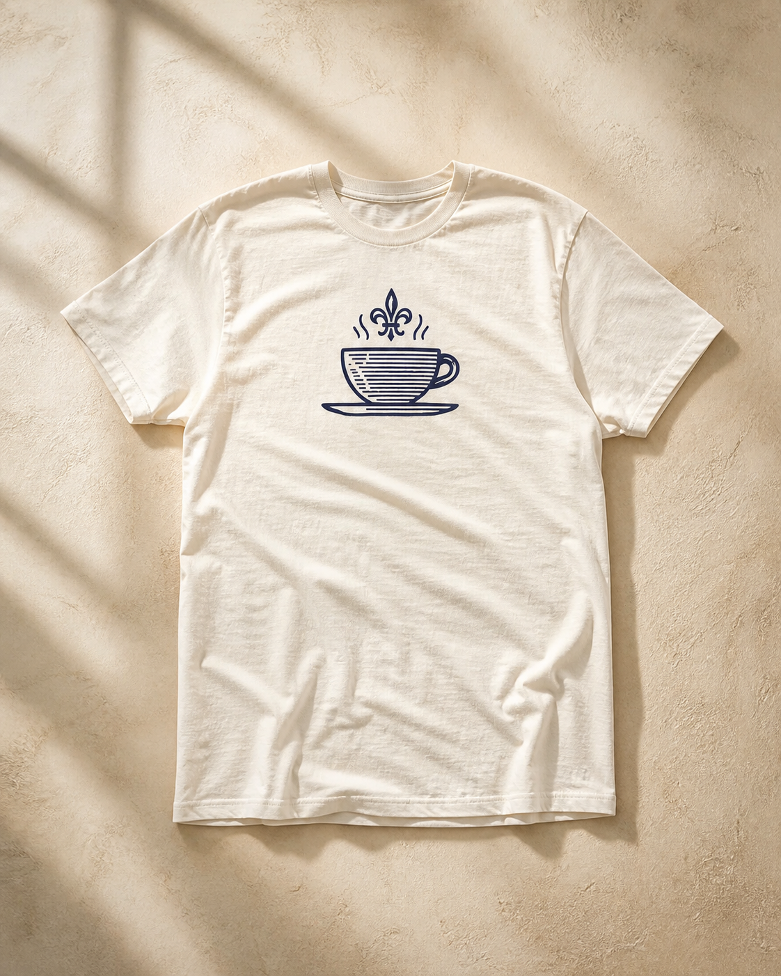 Cream Indigo Cafe T-shirt with navy cafe cup emblem