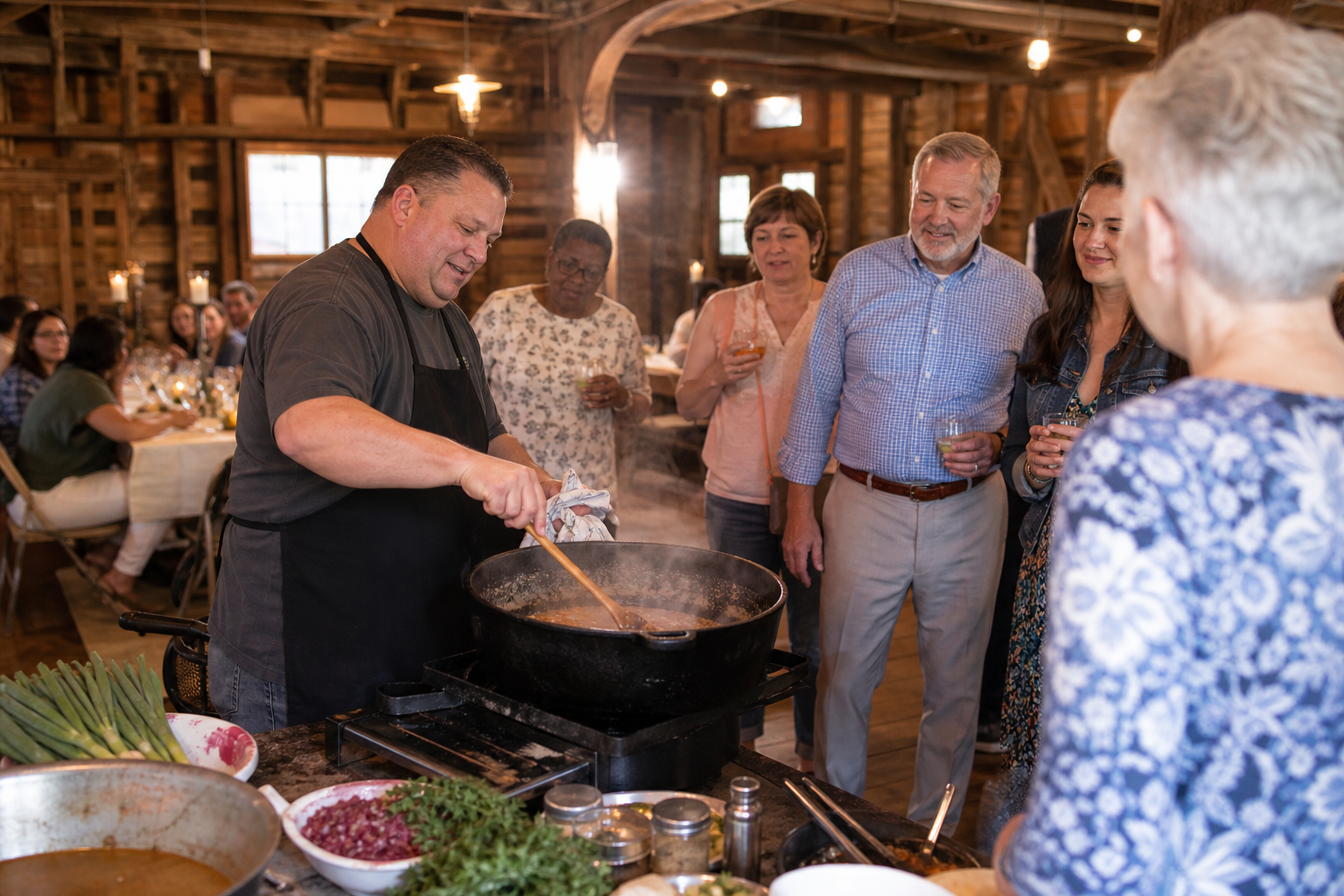 Cajun cooking demonstration in Destrehan Plantation's historic Mule Barn