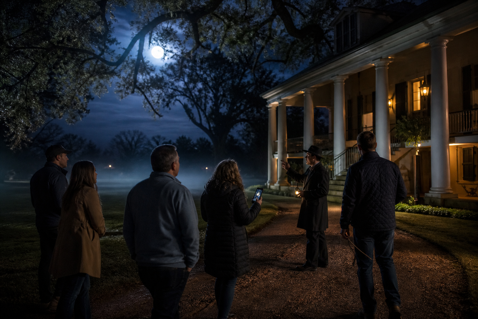 Guests on a moonlit guided haunted tour outside the historic manor