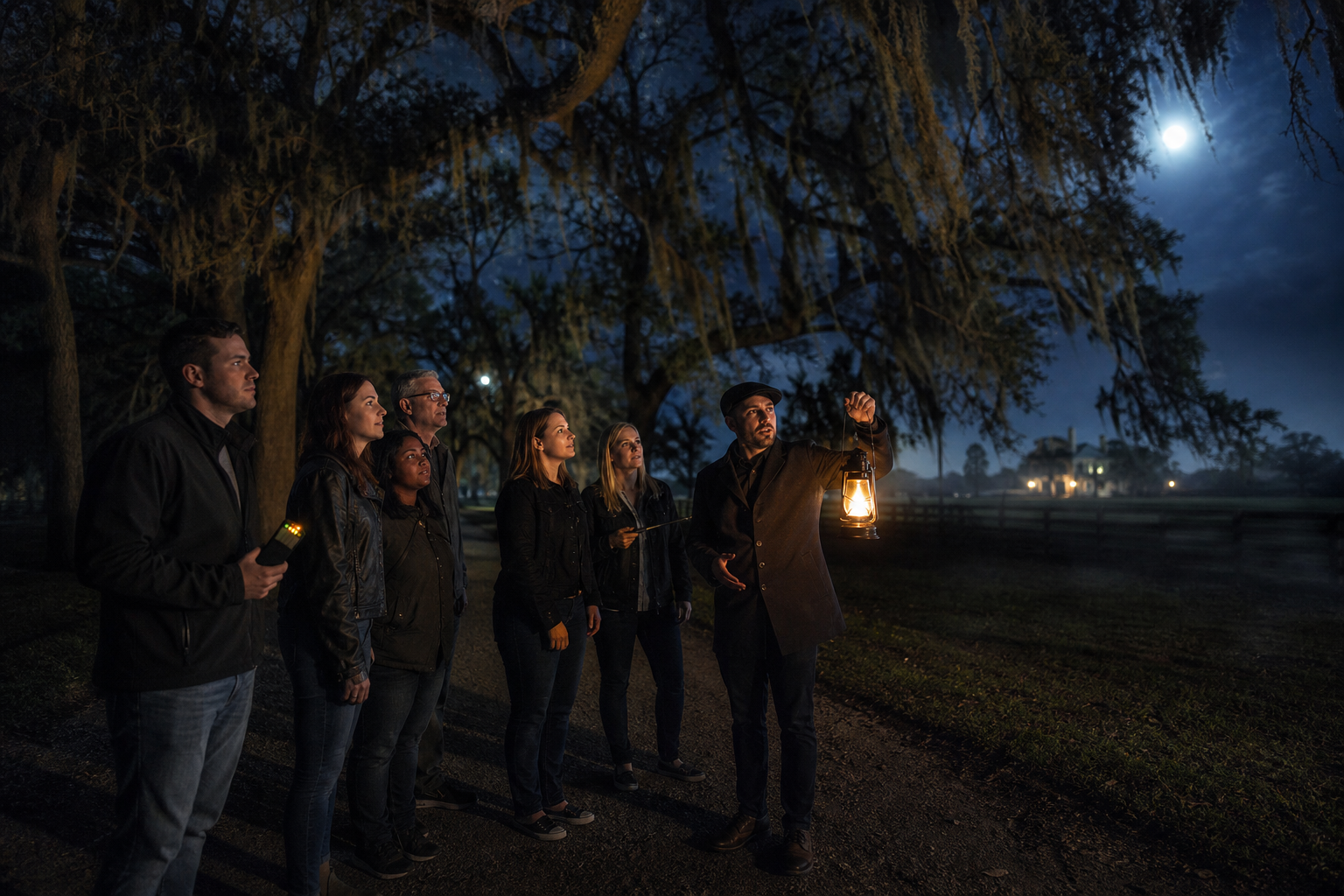 Guests on a moonlit paranormal history tour beneath live oaks