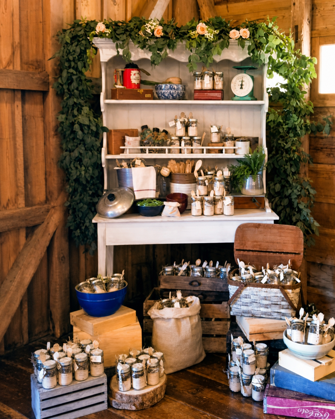Favor table inside the barn at Destrehan Plantation