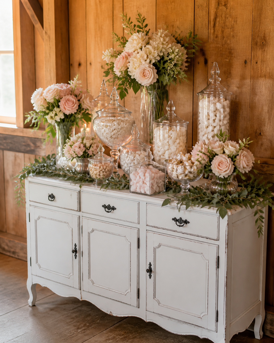 Wedding reception florals at Destrehan Plantation